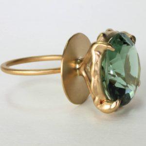 14ct yellow gold lollipop ring featured with a rich 16.24 cts green colored quartz gemstone. This new 14k gold cocktail ring was created with a stylized ring basket to hold the large size stone in place and a 14Kt circle set on top of the ring band.